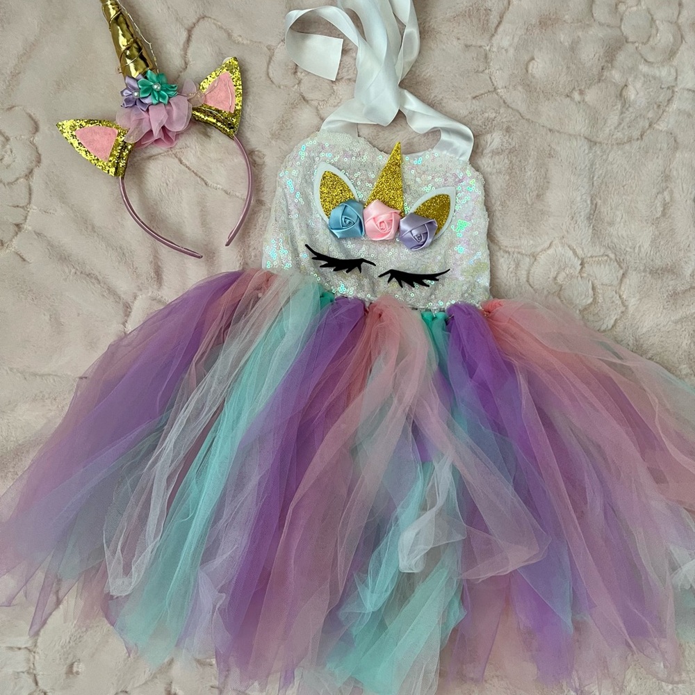 Unicorn Tutu Dress with Headband - Multicolor